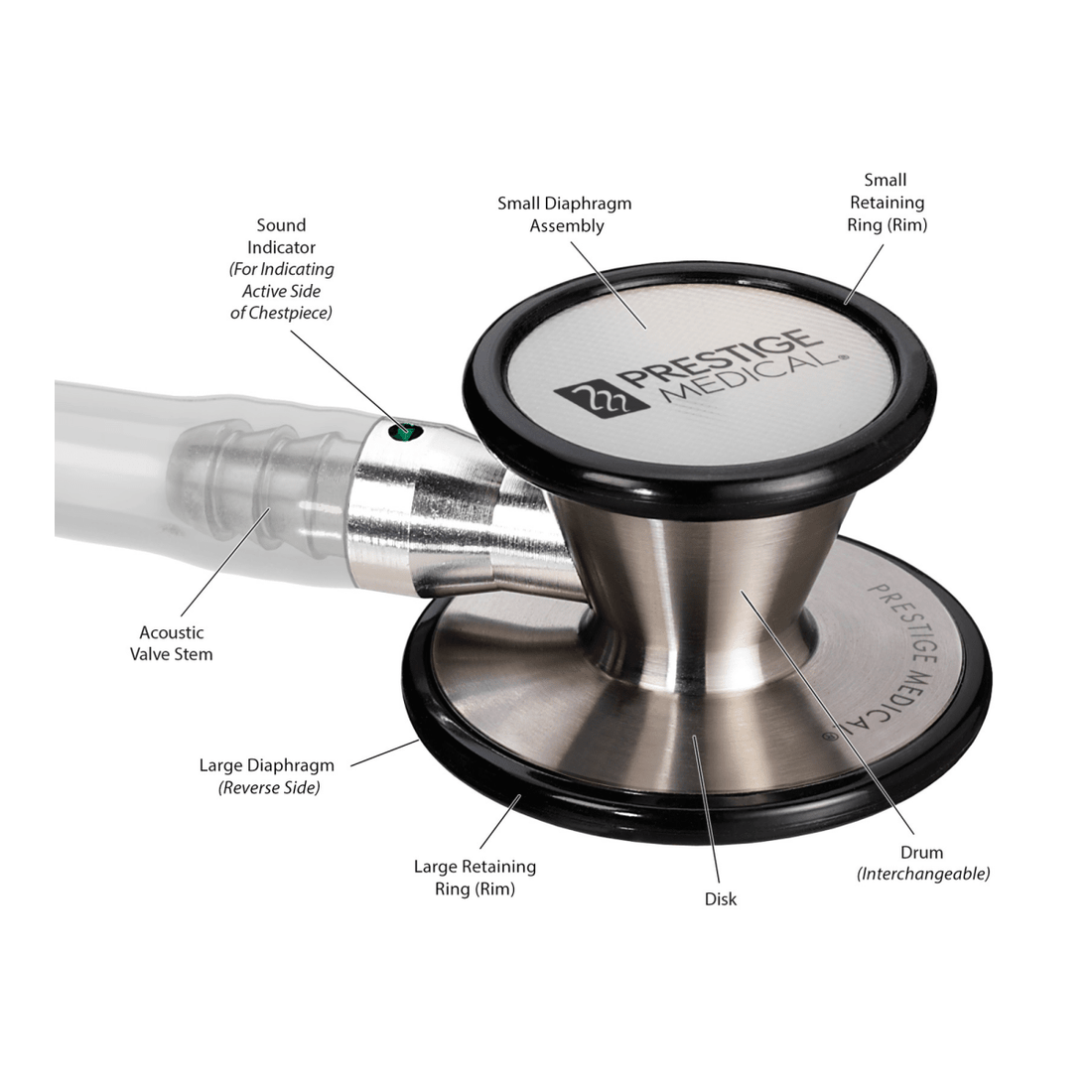 Stethoscope with labeled parts on a white background, featuring the Prestige Medical brand. - okotoks hc pharmacy