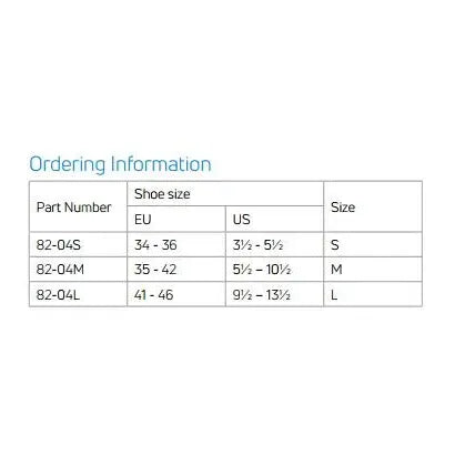 Table showing shoe size conversions between EU, US, and size categories for different part numbers. - okotoks hc pharmacy