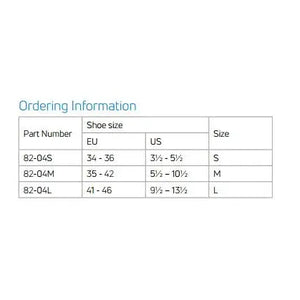 Table showing shoe size conversions between EU, US, and size categories for different part numbers. - okotoks hc pharmacy