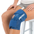 Blue Aircast knee brace on a person's knee with a white background - okotoks hc pharmacy