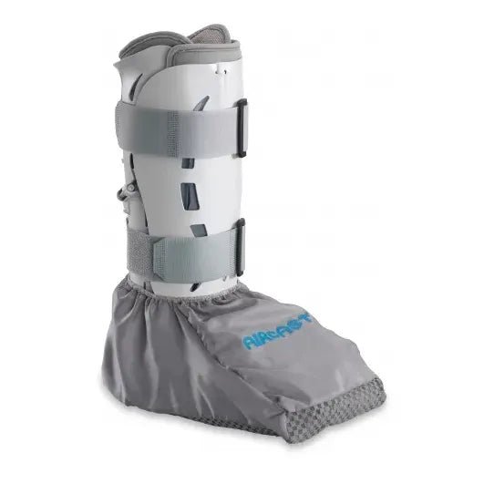 Gray and white orthopedic boot with a cover on a white background - okotoks hc pharmacy