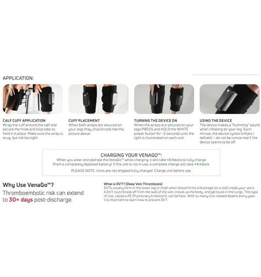 Instruction sheet for the VenaGo deep vein thrombosis prevention device, showing step-by-step application, charging instructions, and a small product photo on a white background. - okotoks hc pharmacy