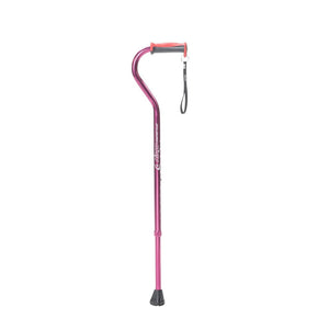 Pink walking cane with a black foot pad on a white background - okotoks hc pharmacy
