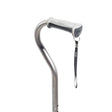Silver and white cane with a strap on a white background - okotoks hc pharmacy