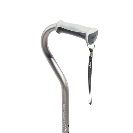 Silver and white cane with a strap on a white background - okotoks hc pharmacy