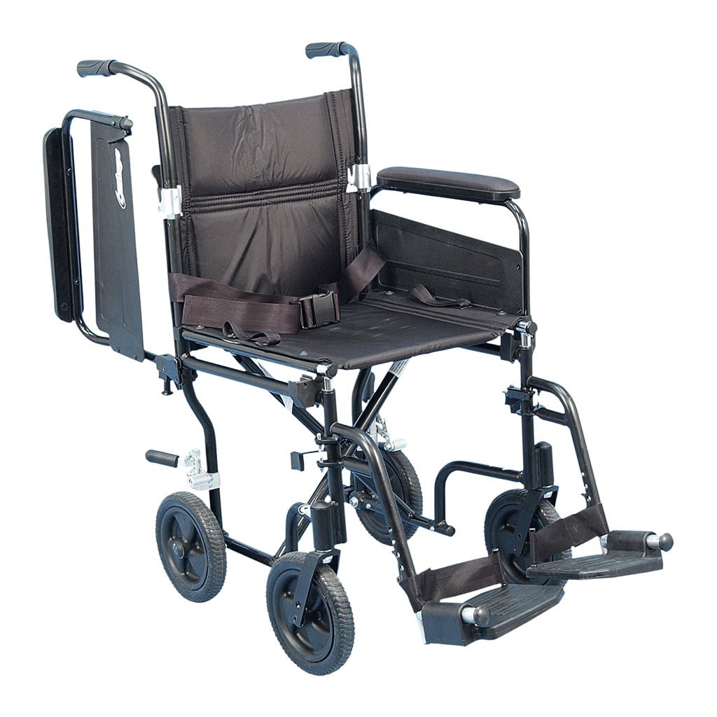 Black manual wheelchair with brown seat cover on a white background - okotoks hc pharmacy