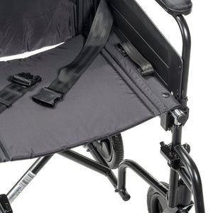 Close-up of a black wheelchair with a folded seat cover on a white background - okotoks hc pharmacy