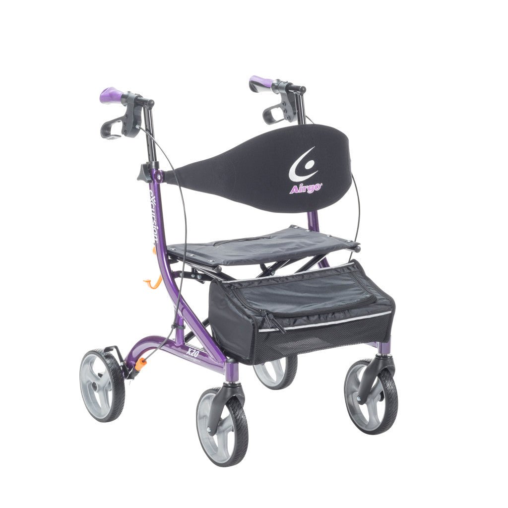 Purple walker with a black seat and backrest on a white background - okotoks hc pharmacy