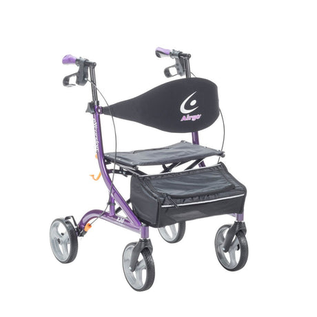 Purple walker with a black seat and backrest on a white background - okotoks hc pharmacy