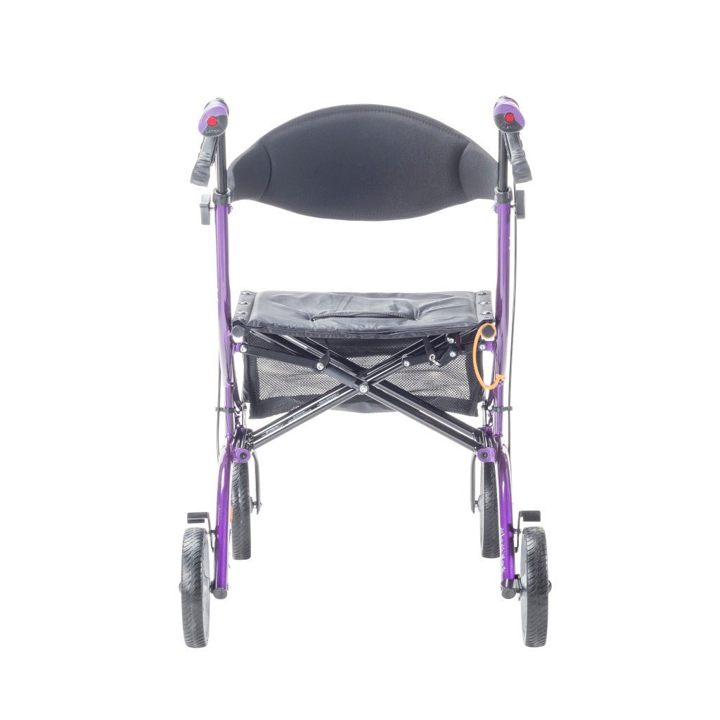 Purple walker with a gray seat on a white background - okotoks hc pharmacy