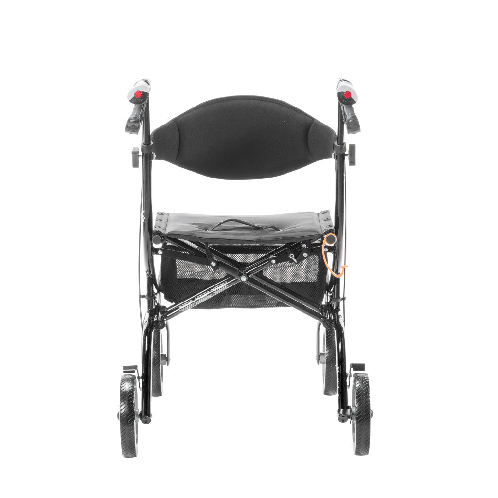 Black walker with seat on a white background - okotoks hc pharmacy