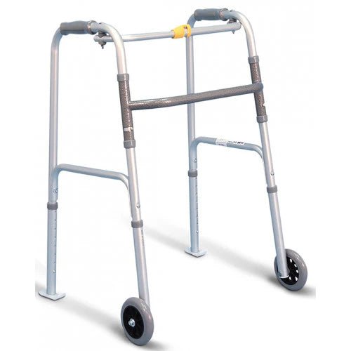 Silver walker with wheels on a white background - okotoks hc pharmacy