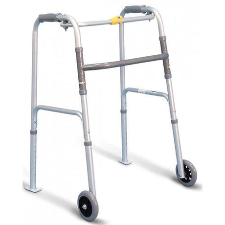 Silver walker with wheels on a white background - okotoks hc pharmacy