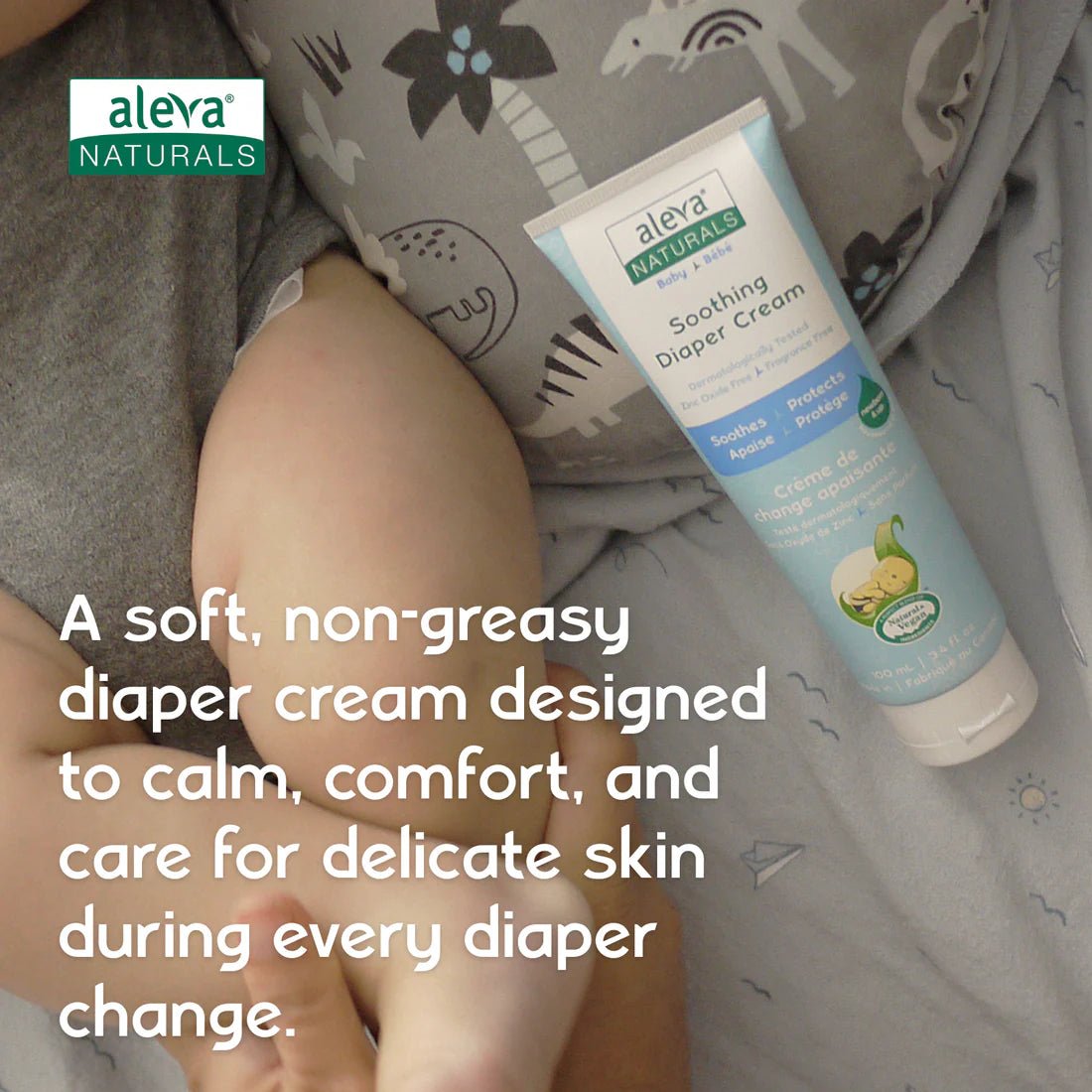 Aleva Naturals diaper cream tube with text on a baby changing background - okotoks hc pharmacy