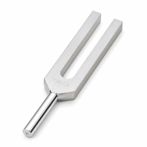 A stainless steel tuning fork with a brushed metal finish and a polished stem, shown on a clean white background. - okotoks hc pharmacy