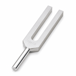 A stainless steel tuning fork with a brushed metal finish and a polished stem, shown on a clean white background. - okotoks hc pharmacy