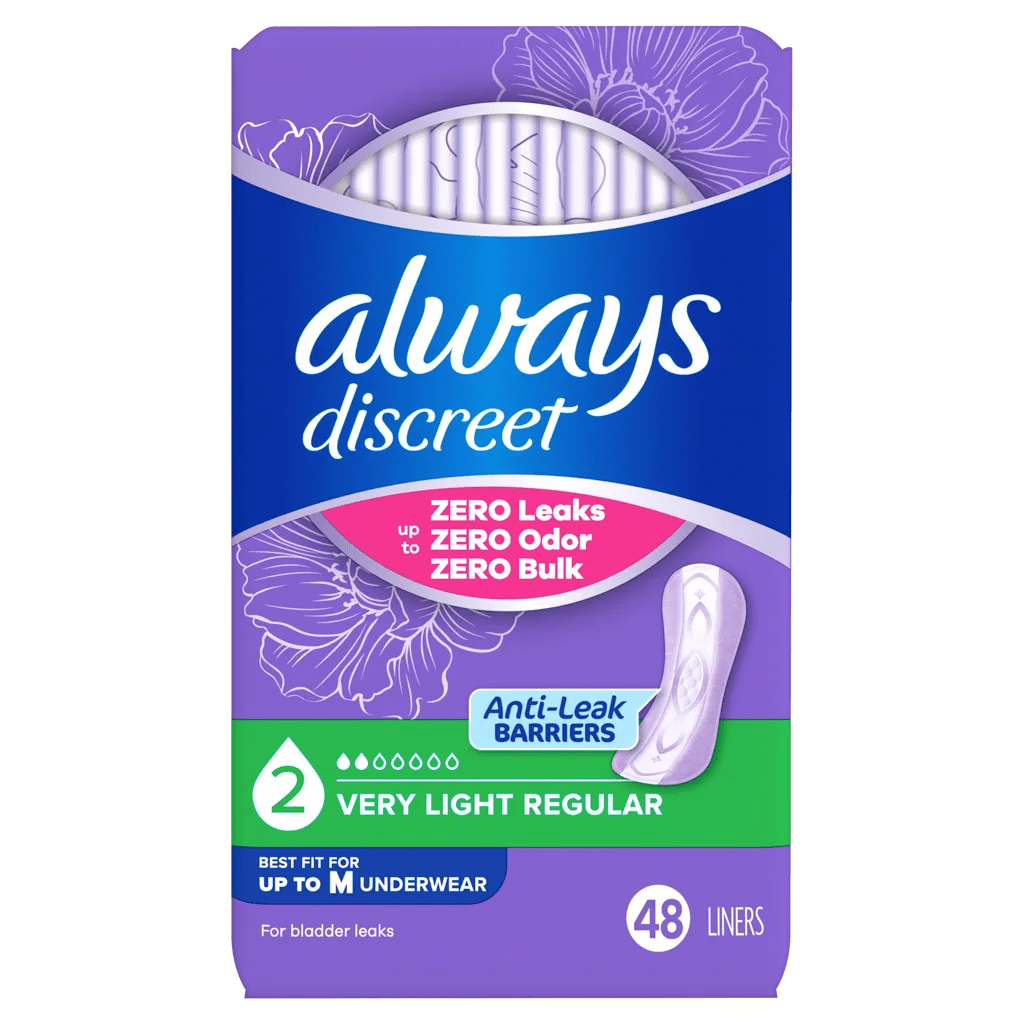 A package of Always Discreet Anti-Leak barriers, size 2 Very Light Regular, containing 48 liners. The packaging features purple and blue floral designs with a pink and green section at the bottom. - okotoks hc pharmacy