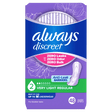 A package of Always Discreet Anti-Leak barriers, size 2 Very Light Regular, containing 48 liners. The packaging features purple and blue floral designs with a pink and green section at the bottom. - okotoks hc pharmacy