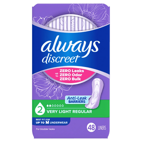 A package of Always Discreet Anti-Leak barriers, size 2 Very Light Regular, containing 48 liners. The packaging features purple and blue floral designs with a pink and green section at the bottom. - okotoks hc pharmacy