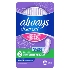 A package of Always Discreet Anti-Leak barriers, size 2 Very Light Regular, containing 48 liners. The packaging features purple and blue floral designs with a pink and green section at the bottom. - okotoks hc pharmacy