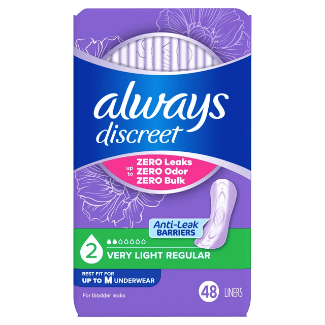 A package of Always Discreet Anti-Leak barriers, size 2 Very Light Regular, containing 48 liners. The packaging features purple and blue floral designs with a pink and green section at the bottom. - okotoks hc pharmacy