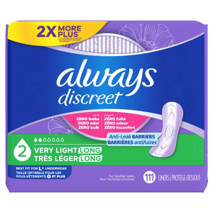 A package of Always Discreet 2-Size Light Long absorbent pads, featuring a blue and purple box with a yellow '2X MORE PLUS' banner, a pink leak protection badge, and a graphic of a single light purple pad. - okotoks hc pharmacy