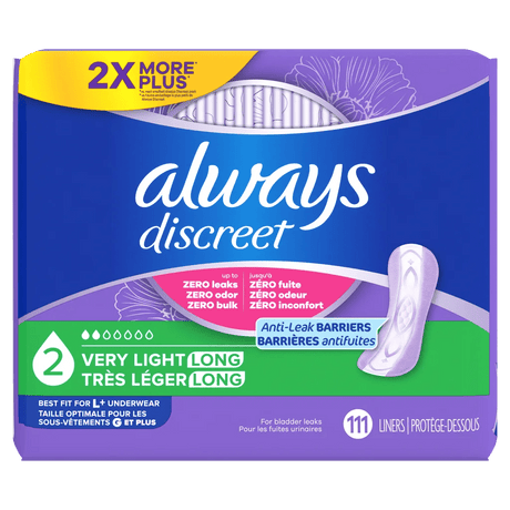 A package of Always Discreet 2-Size Light Long absorbent pads, featuring a blue and purple box with a yellow '2X MORE PLUS' banner, a pink leak protection badge, and a graphic of a single light purple pad. - okotoks hc pharmacy