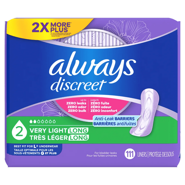 A package of Always Discreet 2-Size Light Long absorbent pads, featuring a blue and purple box with a yellow '2X MORE PLUS' banner, a pink leak protection badge, and a graphic of a single light purple pad. - okotoks hc pharmacy
