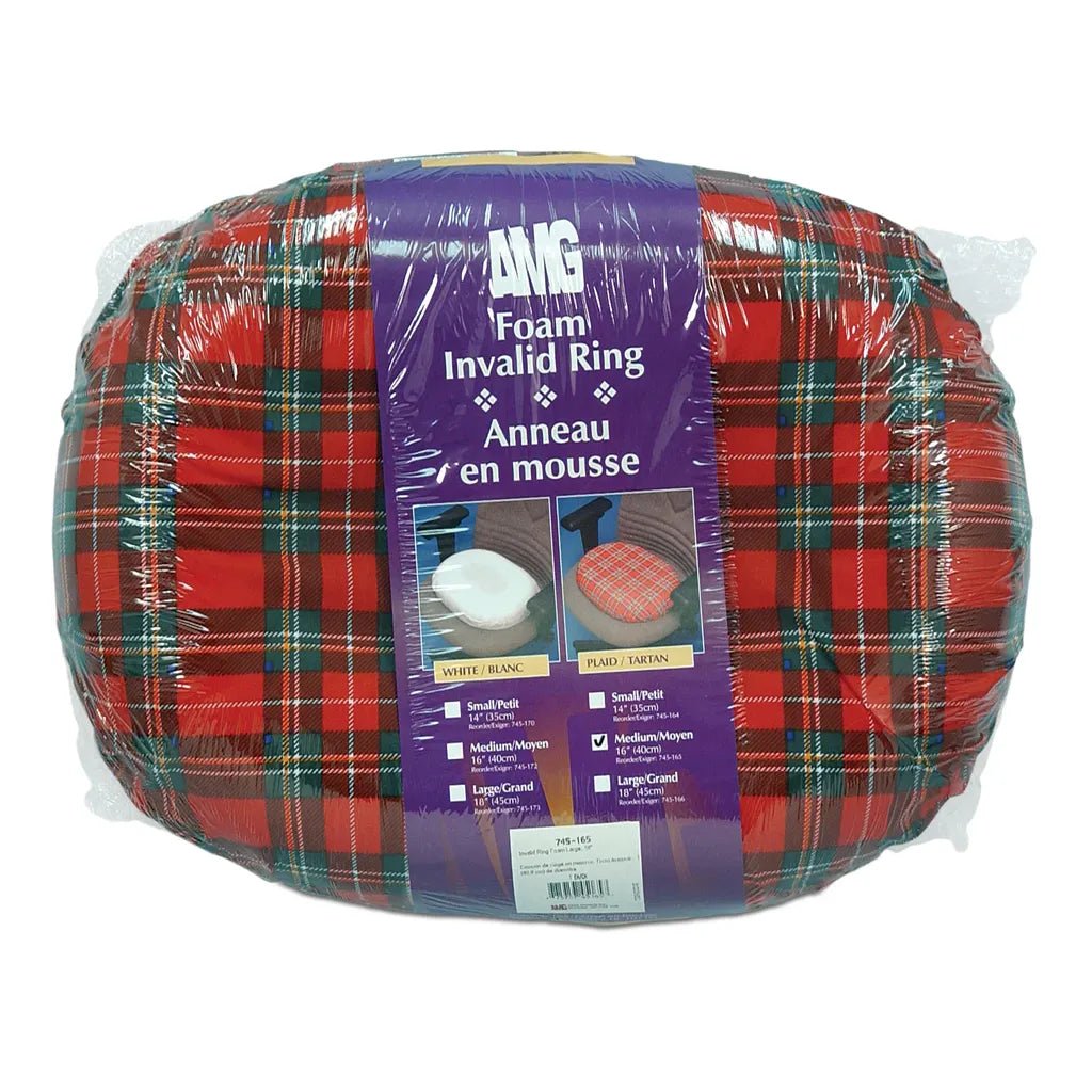 Packaged foam invalid ring with plaid pattern and visible brand label on a white background - okotoks hc pharmacy