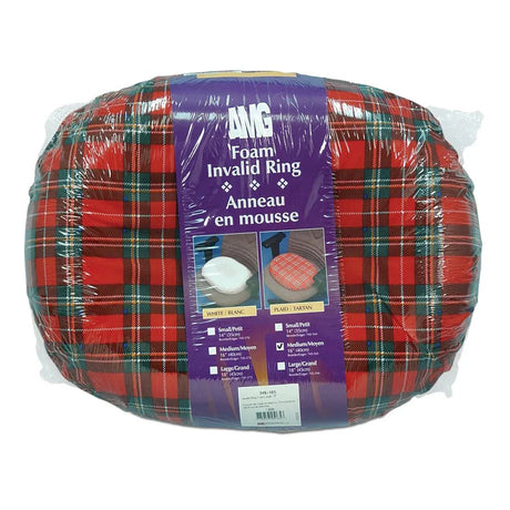 Packaged foam invalid ring with plaid pattern and visible brand label on a white background - okotoks hc pharmacy
