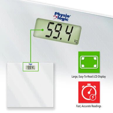 Physio Logic digital bathroom scale displaying weight with features highlighted. - okotoks hc pharmacy