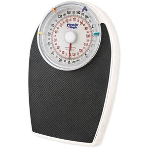Mechanical weight scale with a black base and white top on a white background - okotoks hc pharmacy