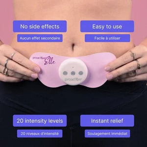 Person wearing a pink electronic device on their abdomen with text highlighting features. - okotoks hc pharmacy