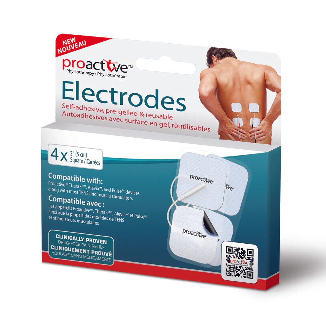Proactive Physiotherapy electrodes packaging with a man using the product on his back. - okotoks hc pharmacy