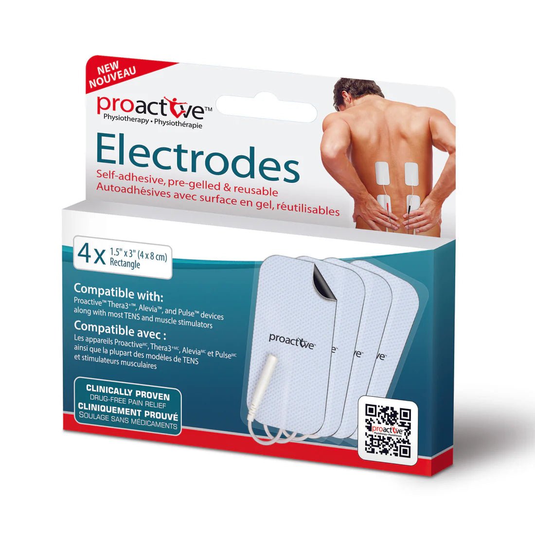 Proactive electrodes packaging with a man using the product on his back. - okotoks hc pharmacy
