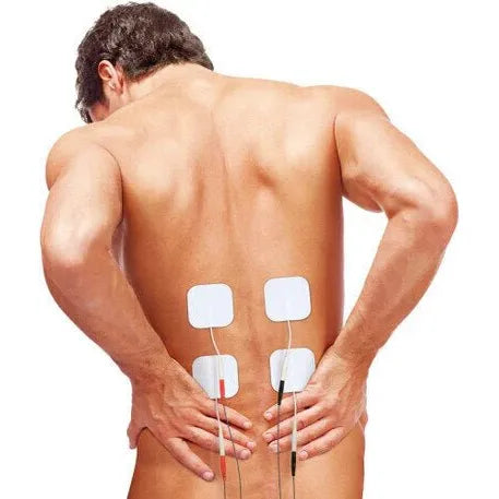 Man with electrical stimulation patches on his back - okotoks hc pharmacy