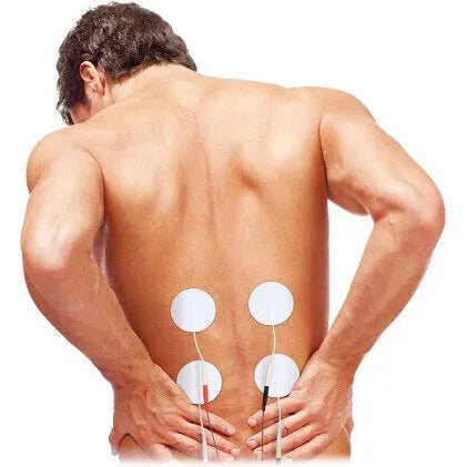Man with electrical stimulation patches on his back - okotoks hc pharmacy