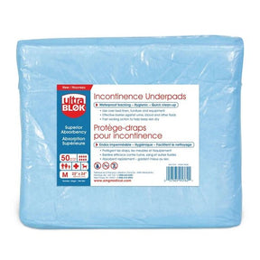 A packaged light blue incontinence underpad, shown front-facing on a white background. The package includes a large white label with red and blue text, including the brand UltraBlok and product details. - okotoks hc pharmacy
