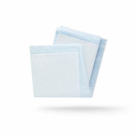 Two light blue and white absorbent pads floating on a clean white background with a soft shadow underneath. - okotoks hc pharmacy