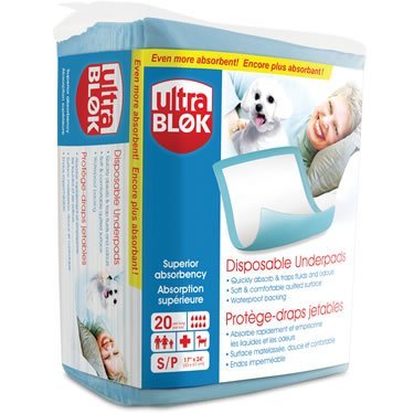 Box of Ultra Blok disposable underpads with images of a dog and baby on a white background - okotoks hc pharmacy