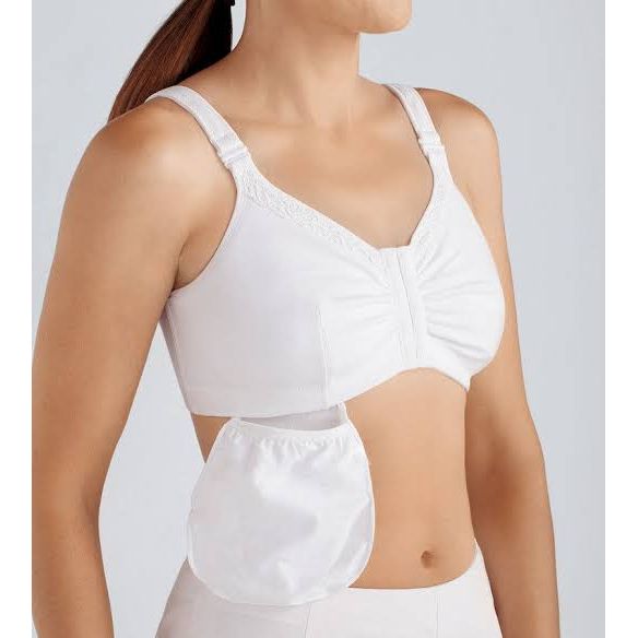 A white bra with a front pouch, shown on a model against a light gray background. - okotoks hc pharmacy