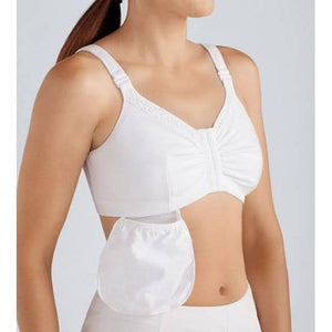 A white bra with a front pouch, shown on a model against a light gray background. - okotoks hc pharmacy