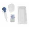 A liquid transfer kit containing a blue and white dropper, a translucent plastic container, a white rectangular tray, and a small packet of paper towels on a white background. - okotoks hc pharmacy