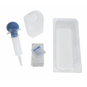 A liquid transfer kit containing a blue and white dropper, a translucent plastic container, a white rectangular tray, and a small packet of paper towels on a white background. - okotoks hc pharmacy