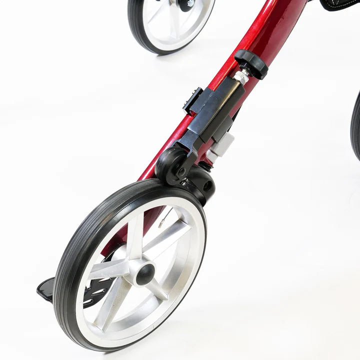 Close-up of a red scooter with brakes on wheels on a white background - okotoks hc pharmacy