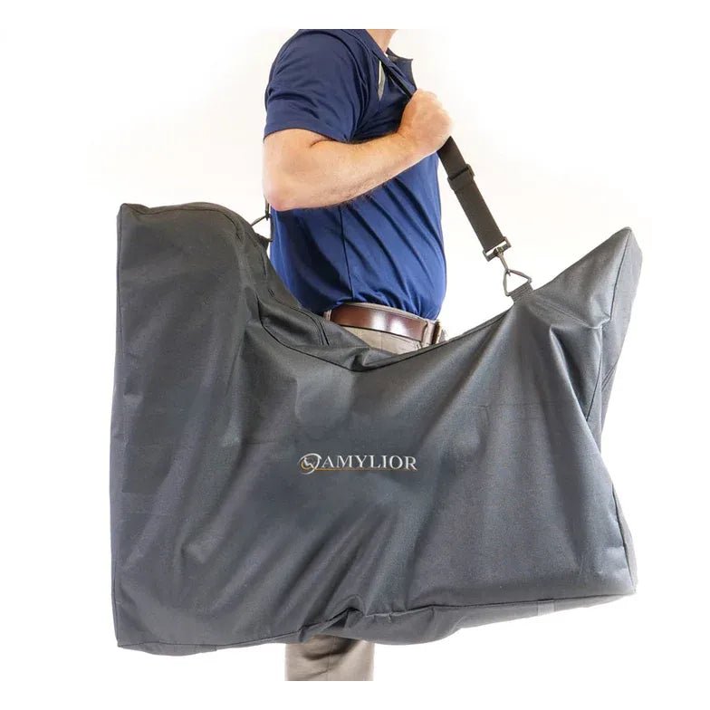 Person holding a large gray bag with 'SAMYLIOR' branding on a white background - okotoks hc pharmacy
