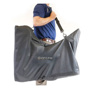 Person holding a large gray bag with 'SAMYLIOR' branding on a white background - okotoks hc pharmacy