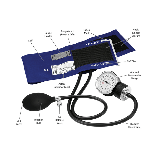 Anatomical diagram of a blood pressure cuff with labeled parts on a white background - okotoks hc pharmacy