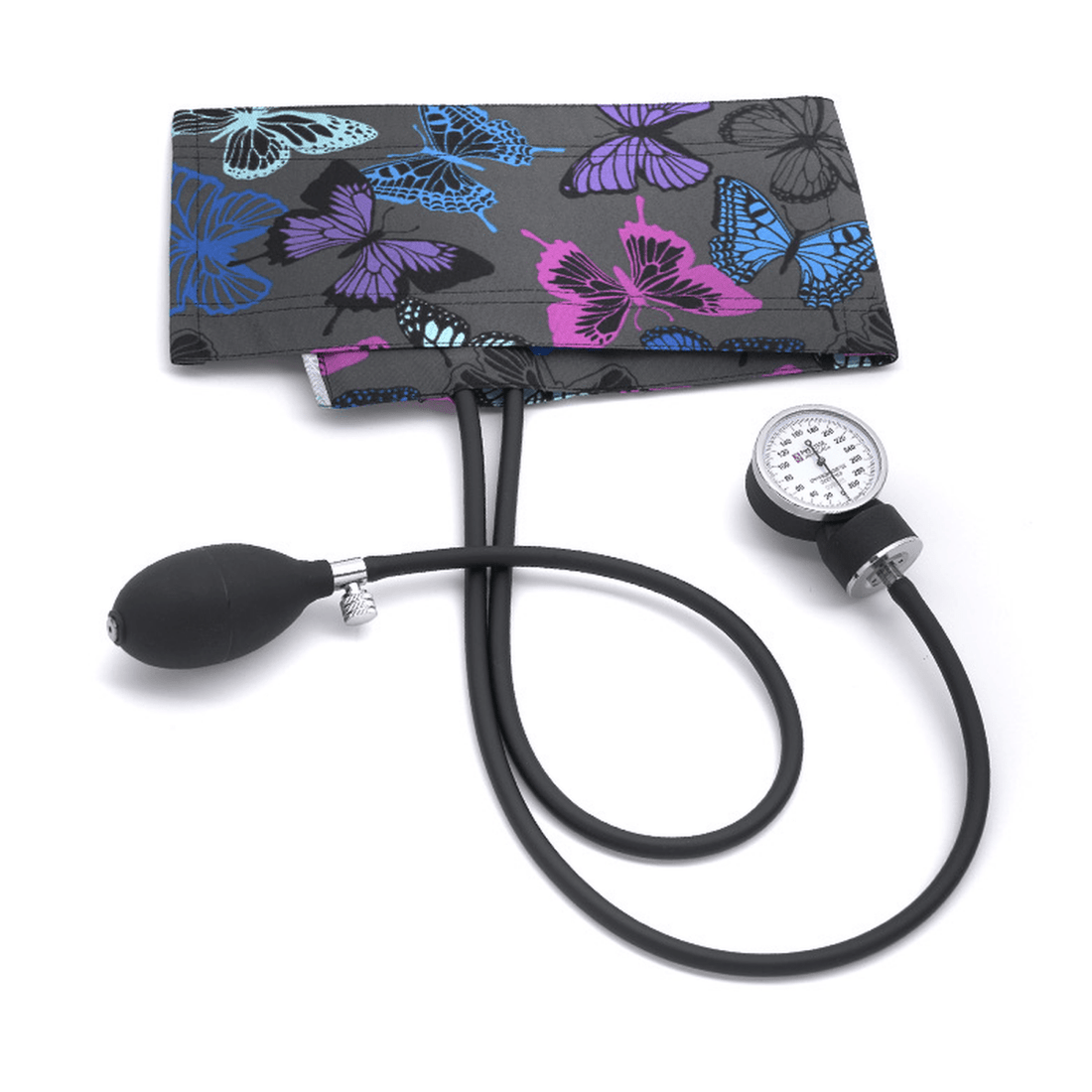 Stethoscope with a colorful butterfly-patterned chest piece on a white background - okotoks hc pharmacy