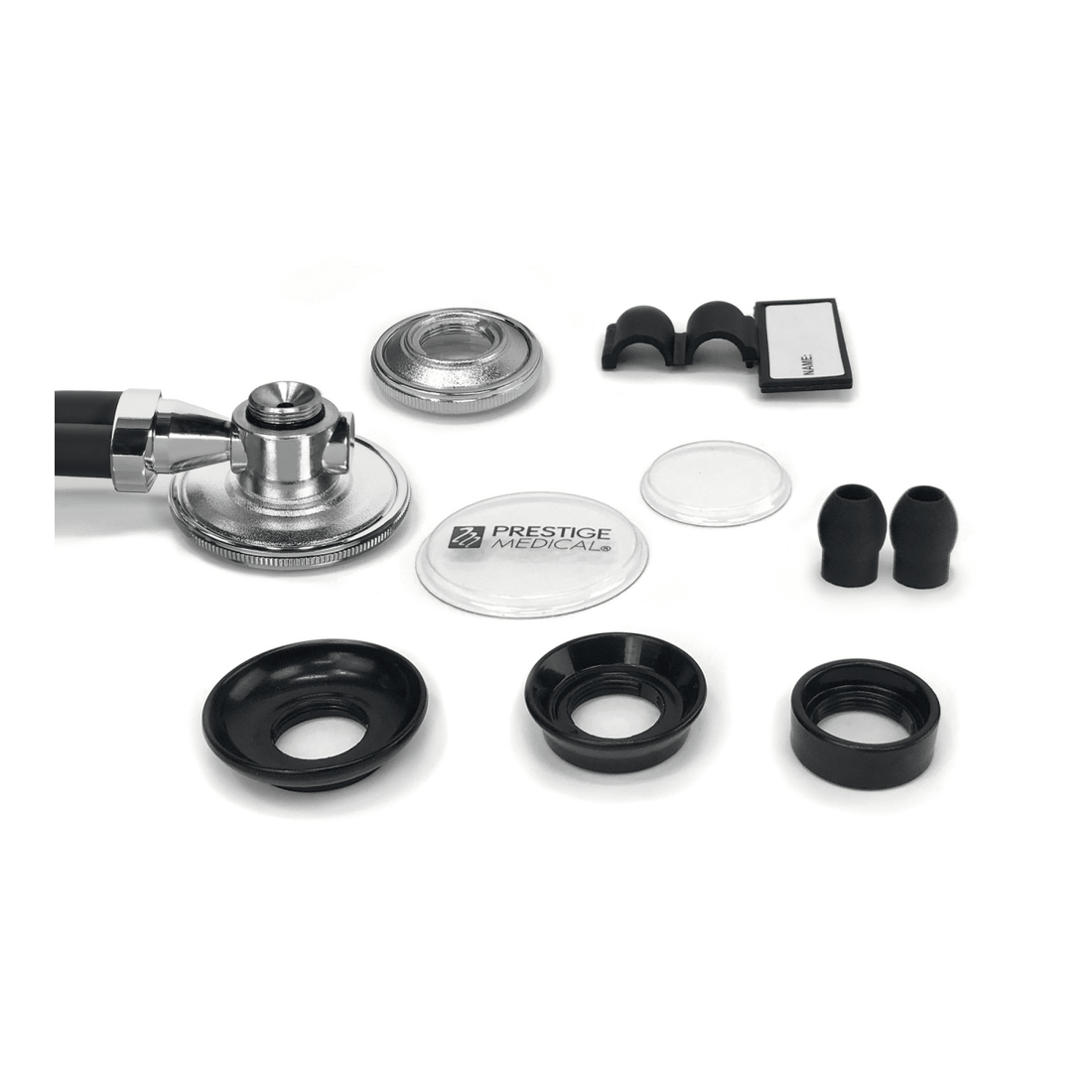 Collection of stethoscope components on a white background with 'Prestige Acoustics' branding. - okotoks hc pharmacy